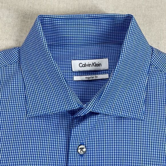 Calvin Klein Dress Shirt Mens 16 32/33 Blue Gingham Spread Collar Button Down - Picture 4 of 8